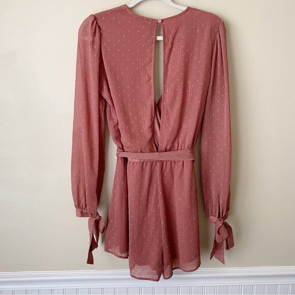 Lulus | Closer Look Dusty Rose Swiss Dot Romper Long Tie Sleeves Pink Medium - Picture 9 of 11